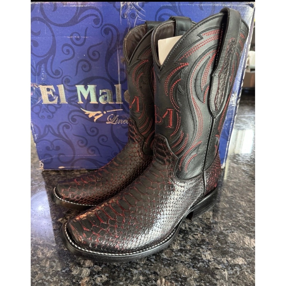El Malcreado Mens Black Red Python Leather Square Toe Cowboy Boots Size 6.5